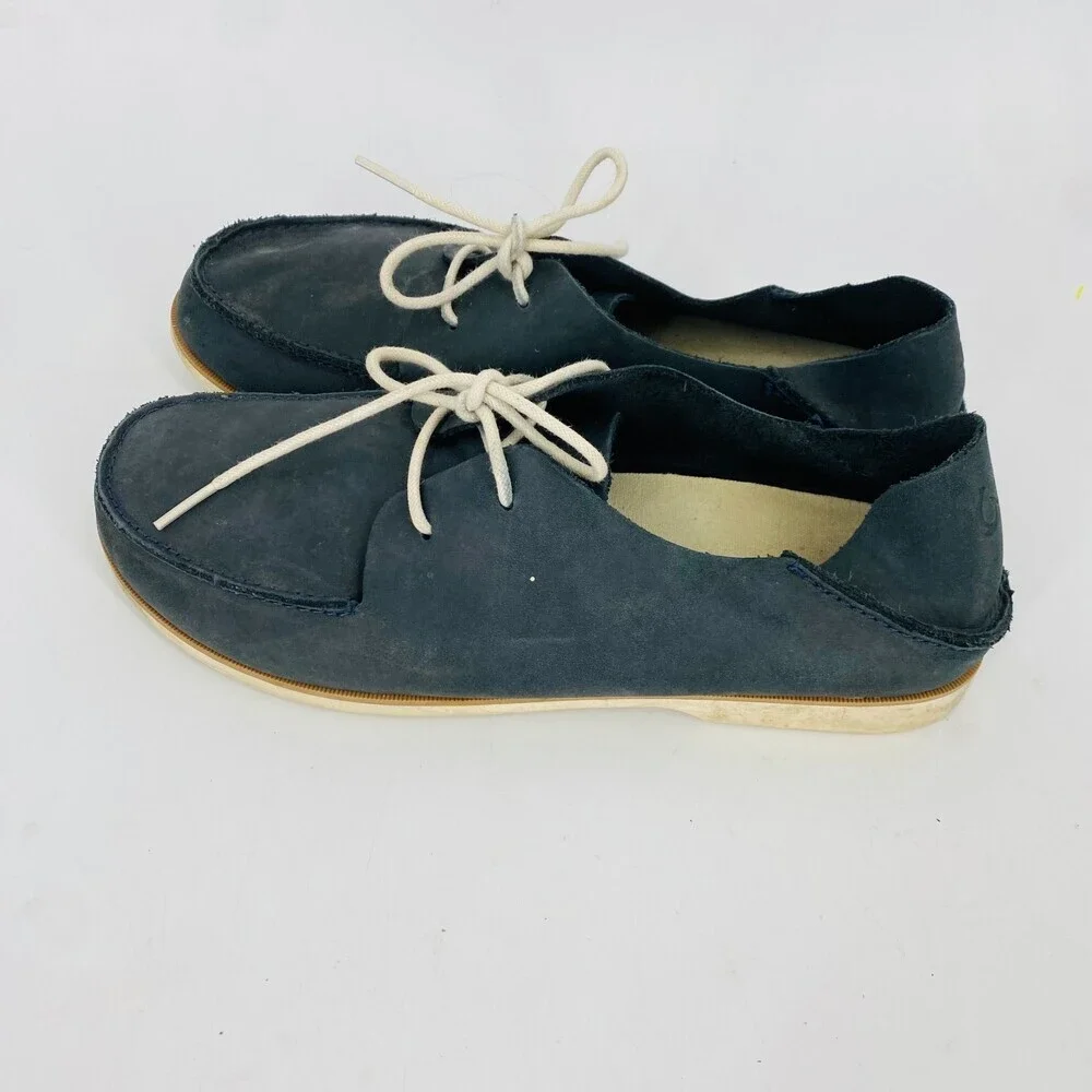 Olukai Navy Gray Leather Boat Shoes Men’s 9 Slip On Casual Deck Loafers